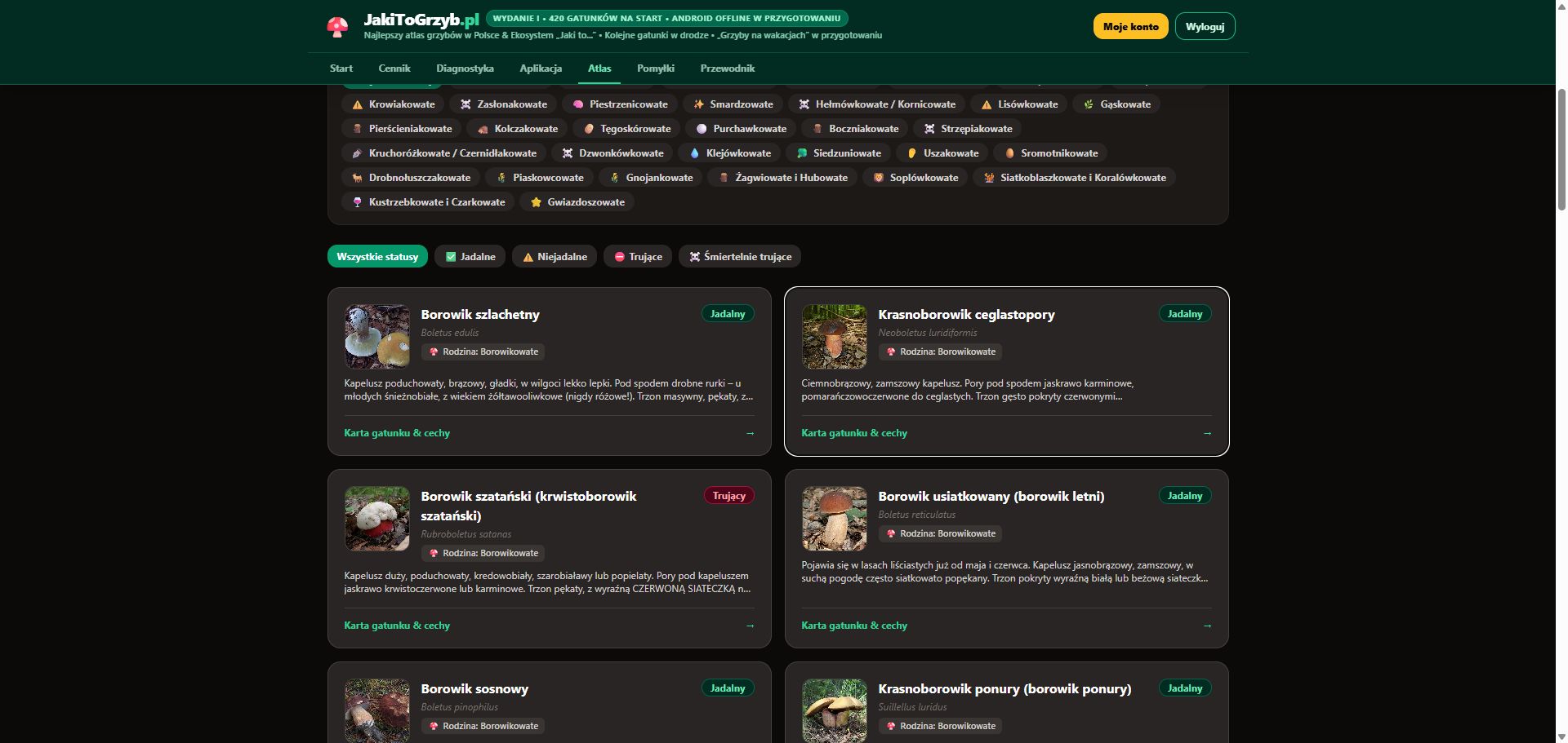 JakiToGrzyb.pl — public atlas results with search and species filters.